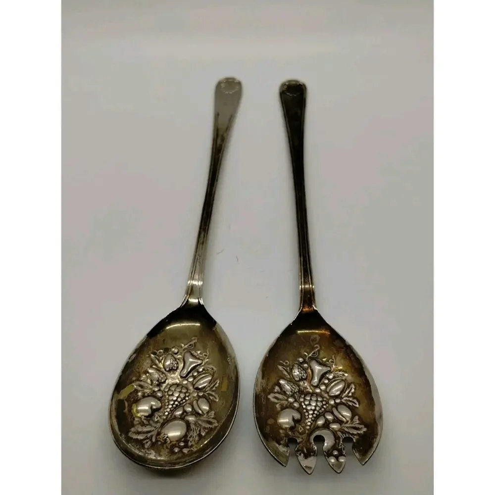Vintage Sheffield England Silver Plated Serving Spoon and Fork Set 9.5